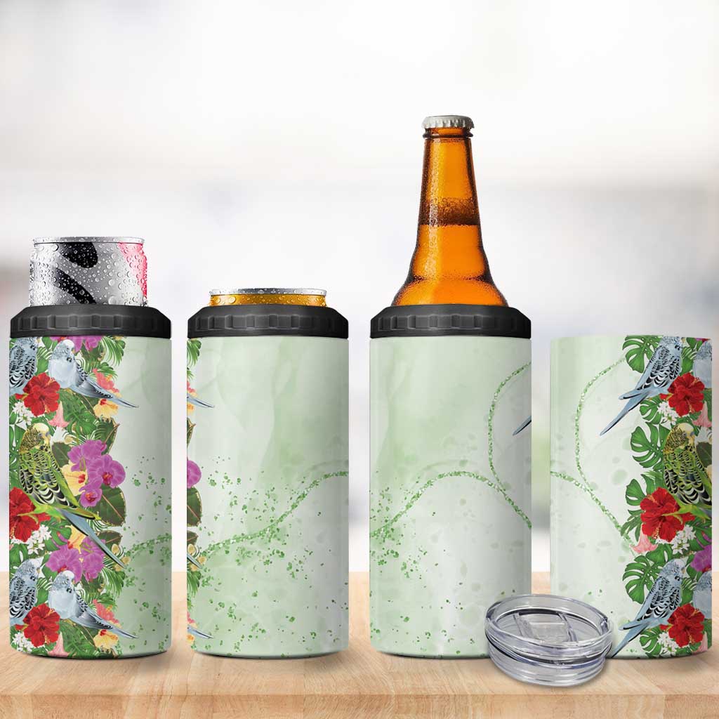 Aussie Budgies Blue And Green Tropical Birds 4 in 1 Can Cooler Tumbler - Aussie Hoodie