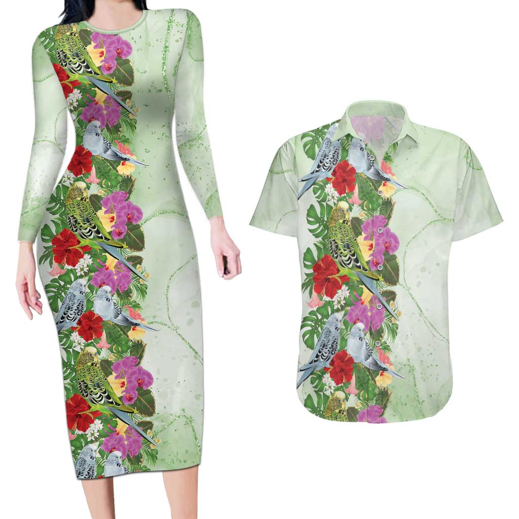 Aussie Budgies Blue And Green Tropical Birds Couples Matching Long Sleeve Bodycon Dress and Hawaiian Shirt - Aussie Hoodie