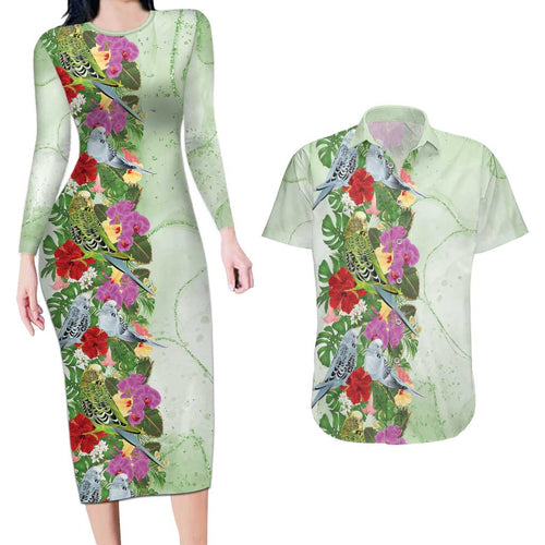 Aussie Budgies Blue And Green Tropical Birds Couples Matching Long Sleeve Bodycon Dress and Hawaiian Shirt - Aussie Hoodie