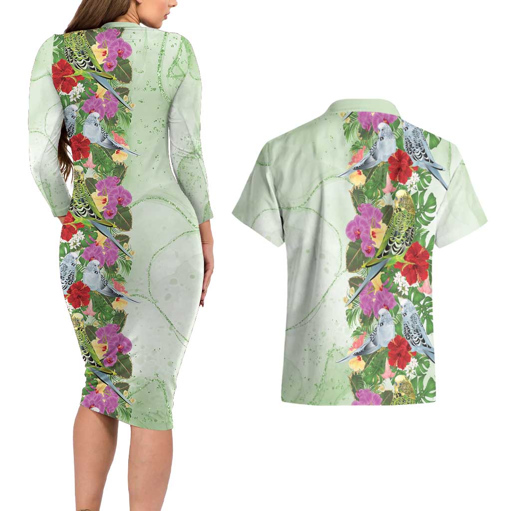 Aussie Budgies Blue And Green Tropical Birds Couples Matching Long Sleeve Bodycon Dress and Hawaiian Shirt - Aussie Hoodie
