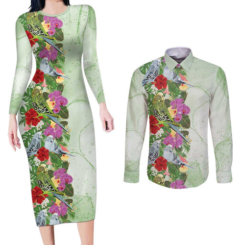 Aussie Budgies Blue And Green Tropical Birds Couples Matching Long Sleeve Bodycon Dress and Long Sleeve Button Shirt - Aussie Hoodie