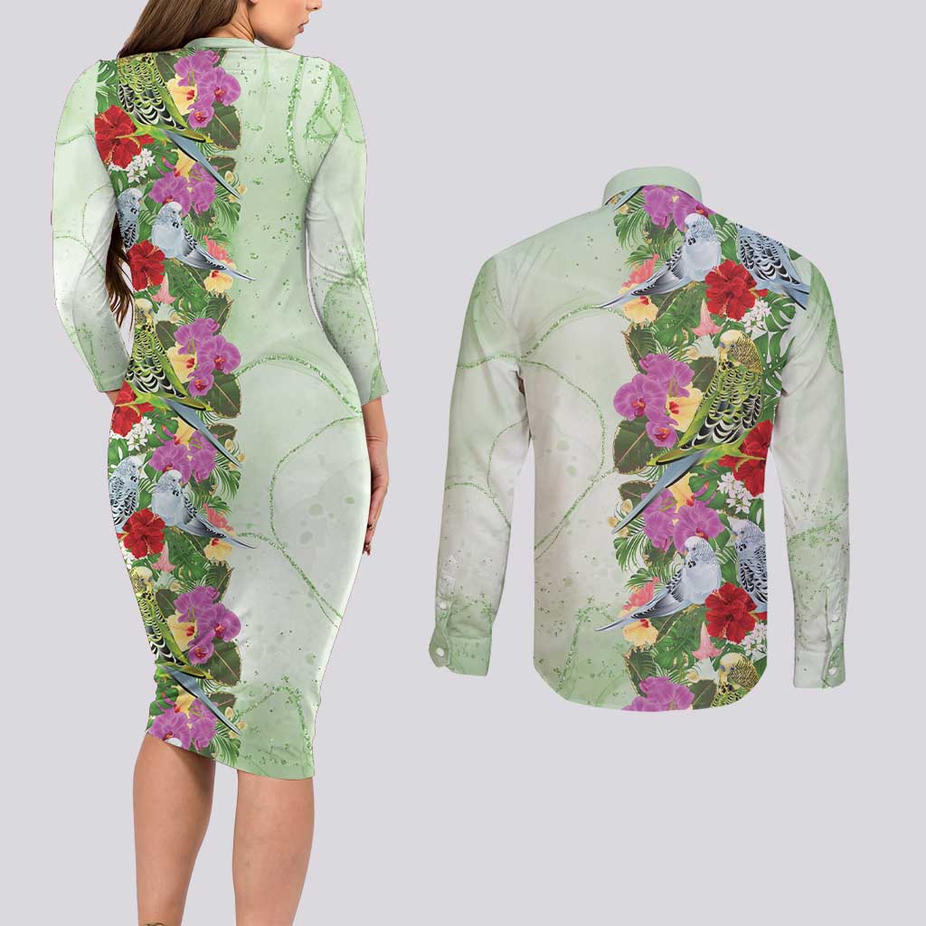 Aussie Budgies Blue And Green Tropical Birds Couples Matching Long Sleeve Bodycon Dress and Long Sleeve Button Shirt - Aussie Hoodie