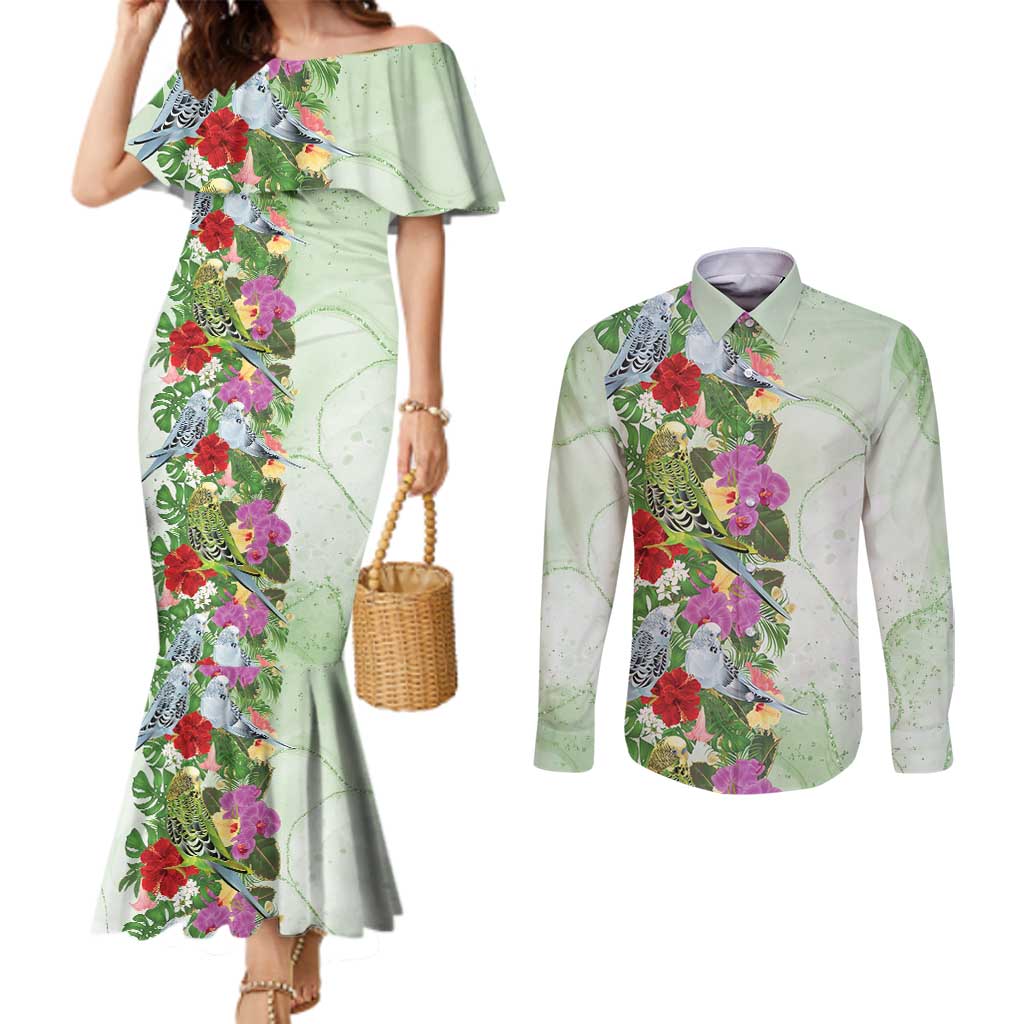 Aussie Budgies Blue And Green Tropical Birds Couples Matching Mermaid Dress and Long Sleeve Button Shirt - Aussie Hoodie
