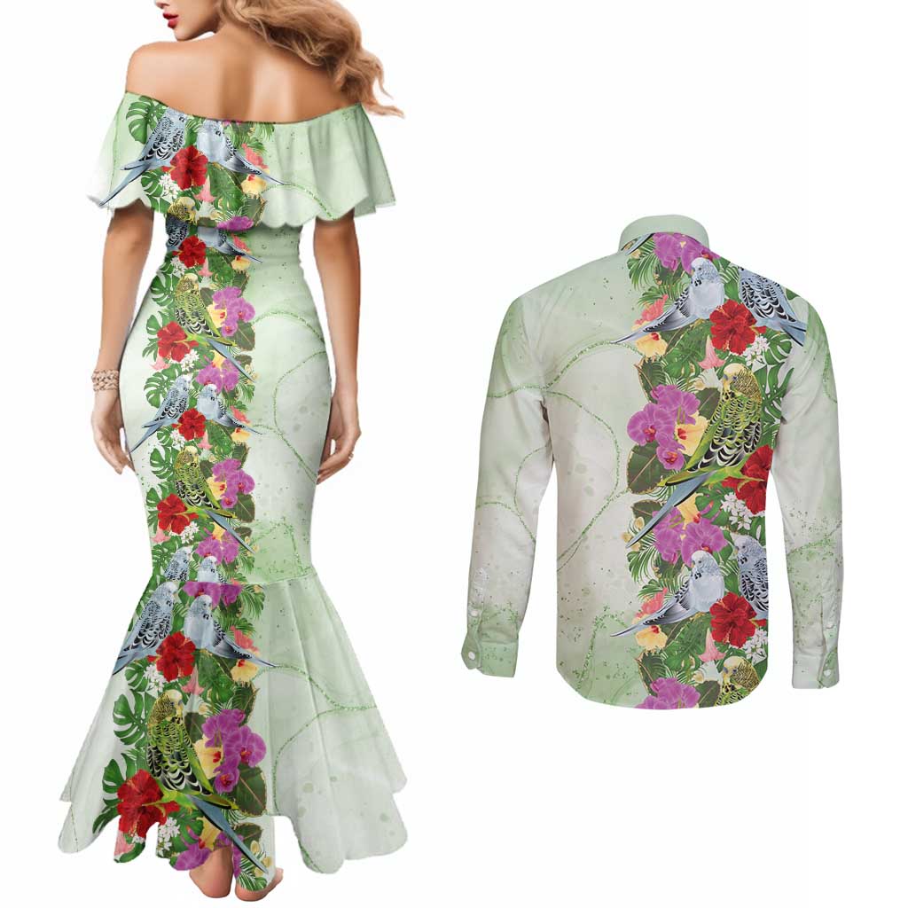 Aussie Budgies Blue And Green Tropical Birds Couples Matching Mermaid Dress and Long Sleeve Button Shirt - Aussie Hoodie