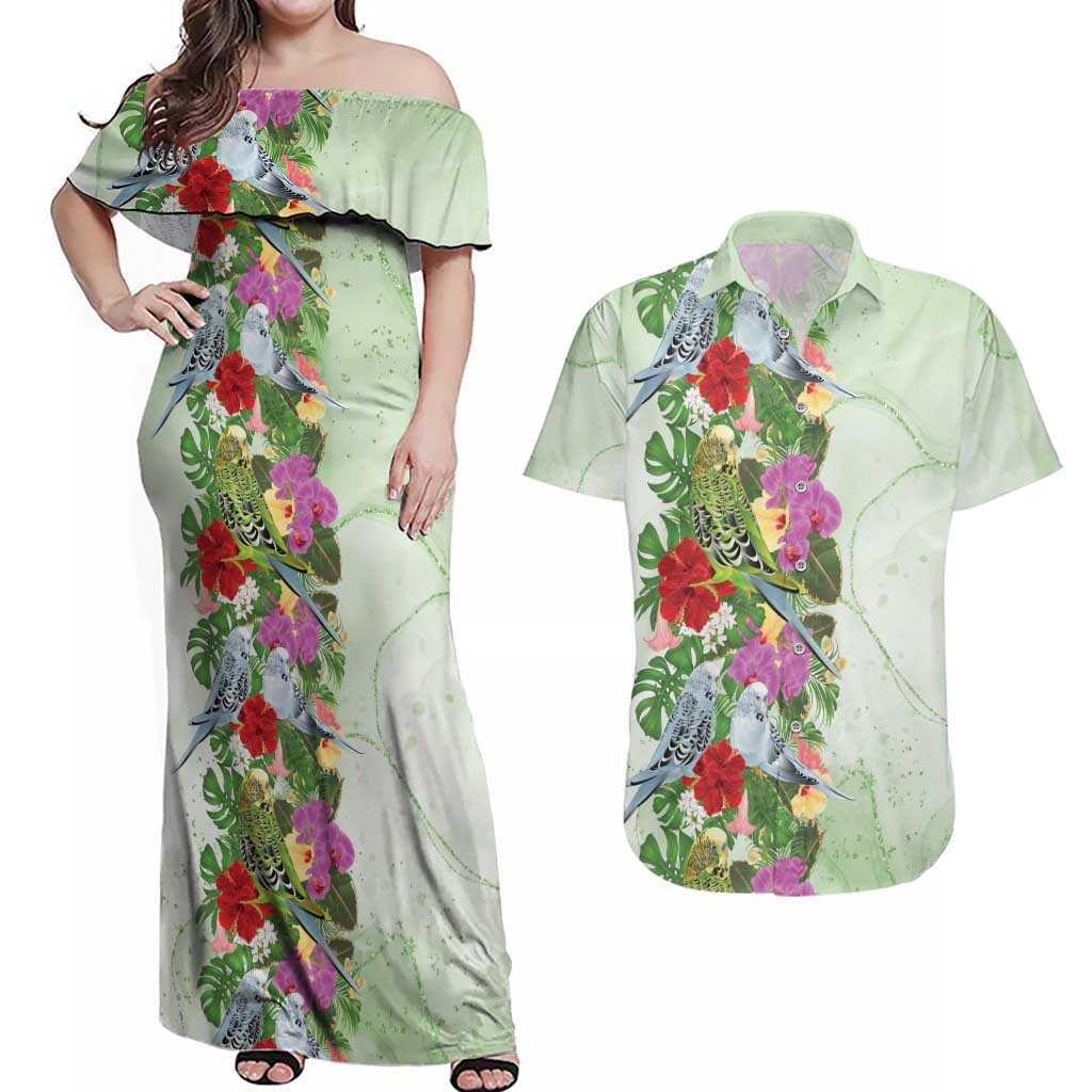 Aussie Budgies Blue And Green Tropical Birds Couples Matching Off Shoulder Maxi Dress and Hawaiian Shirt - Aussie Hoodie