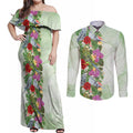 Aussie Budgies Blue And Green Tropical Birds Couples Matching Off Shoulder Maxi Dress and Long Sleeve Button Shirt - Aussie Hoodie
