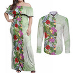 Aussie Budgies Blue And Green Tropical Birds Couples Matching Off Shoulder Maxi Dress and Long Sleeve Button Shirt - Aussie Hoodie