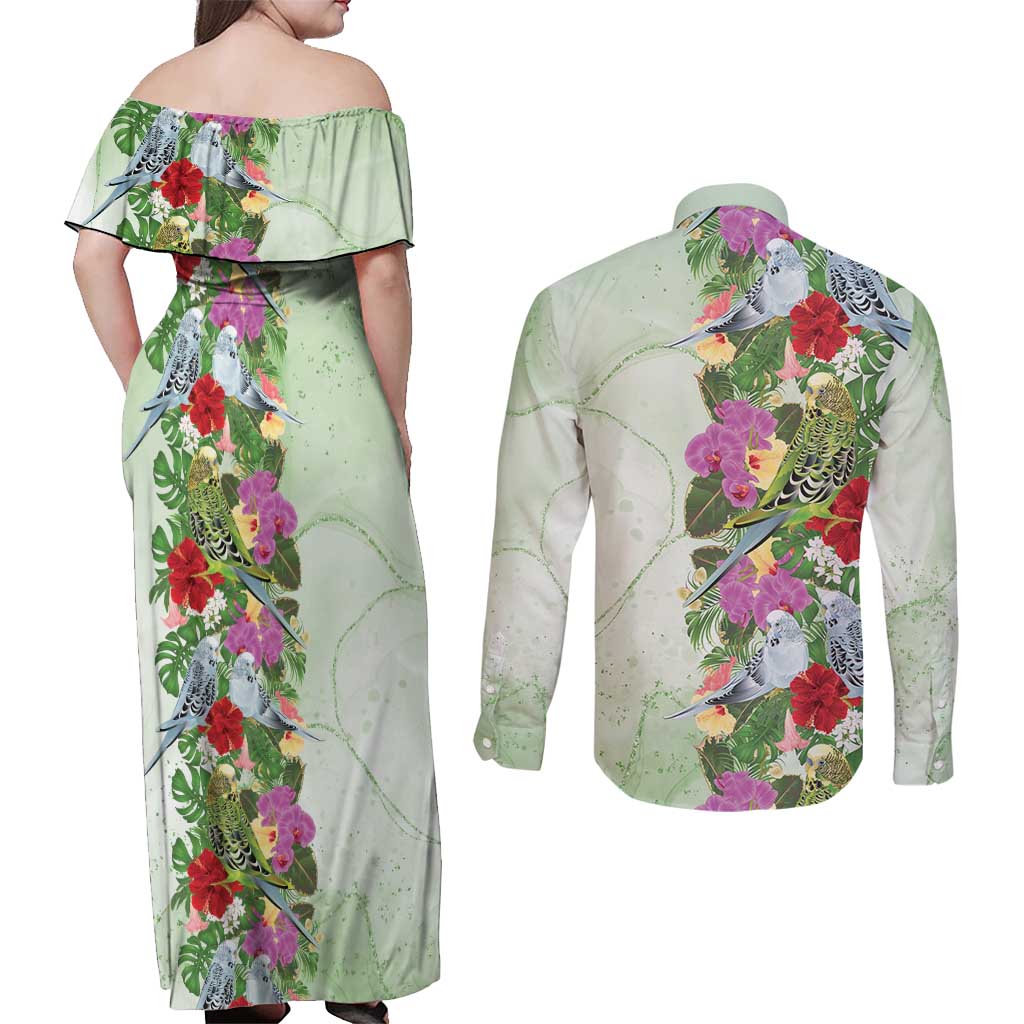 Aussie Budgies Blue And Green Tropical Birds Couples Matching Off Shoulder Maxi Dress and Long Sleeve Button Shirt - Aussie Hoodie