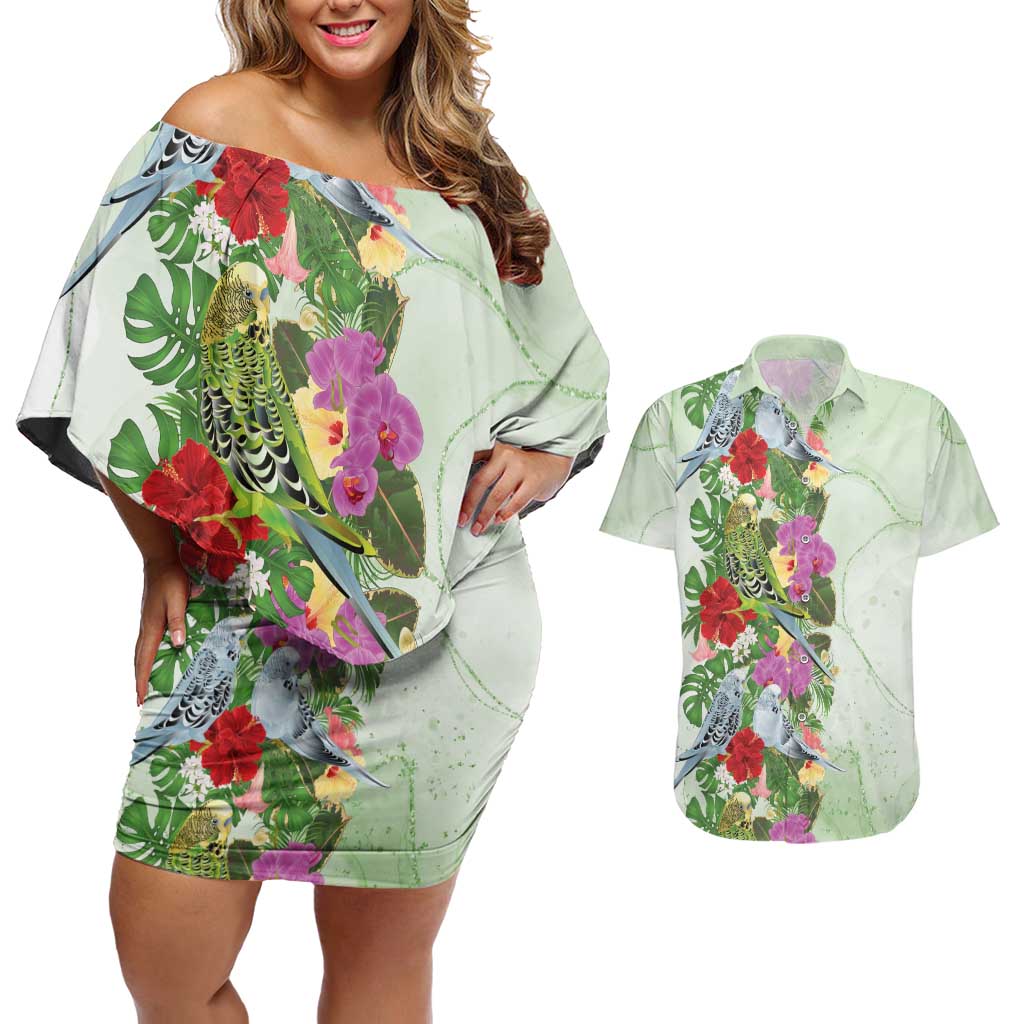 Aussie Budgies Blue And Green Tropical Birds Couples Matching Off Shoulder Short Dress and Hawaiian Shirt - Aussie Hoodie