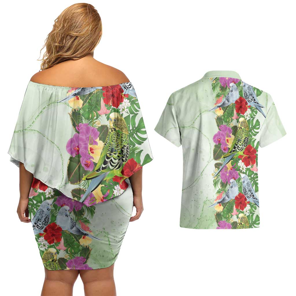 Aussie Budgies Blue And Green Tropical Birds Couples Matching Off Shoulder Short Dress and Hawaiian Shirt - Aussie Hoodie