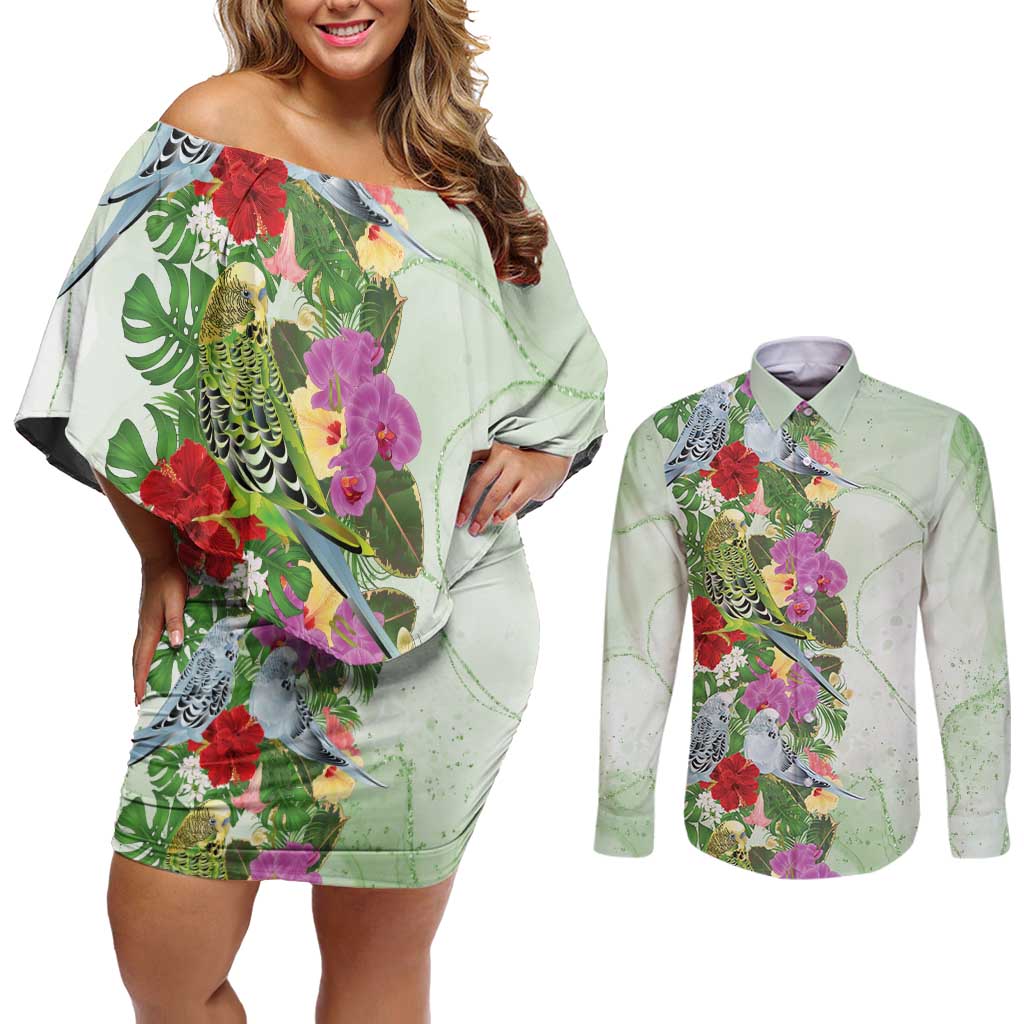 Aussie Budgies Blue And Green Tropical Birds Couples Matching Off Shoulder Short Dress and Long Sleeve Button Shirt - Aussie Hoodie
