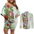 Aussie Budgies Blue And Green Tropical Birds Couples Matching Off Shoulder Short Dress and Long Sleeve Button Shirt - Aussie Hoodie