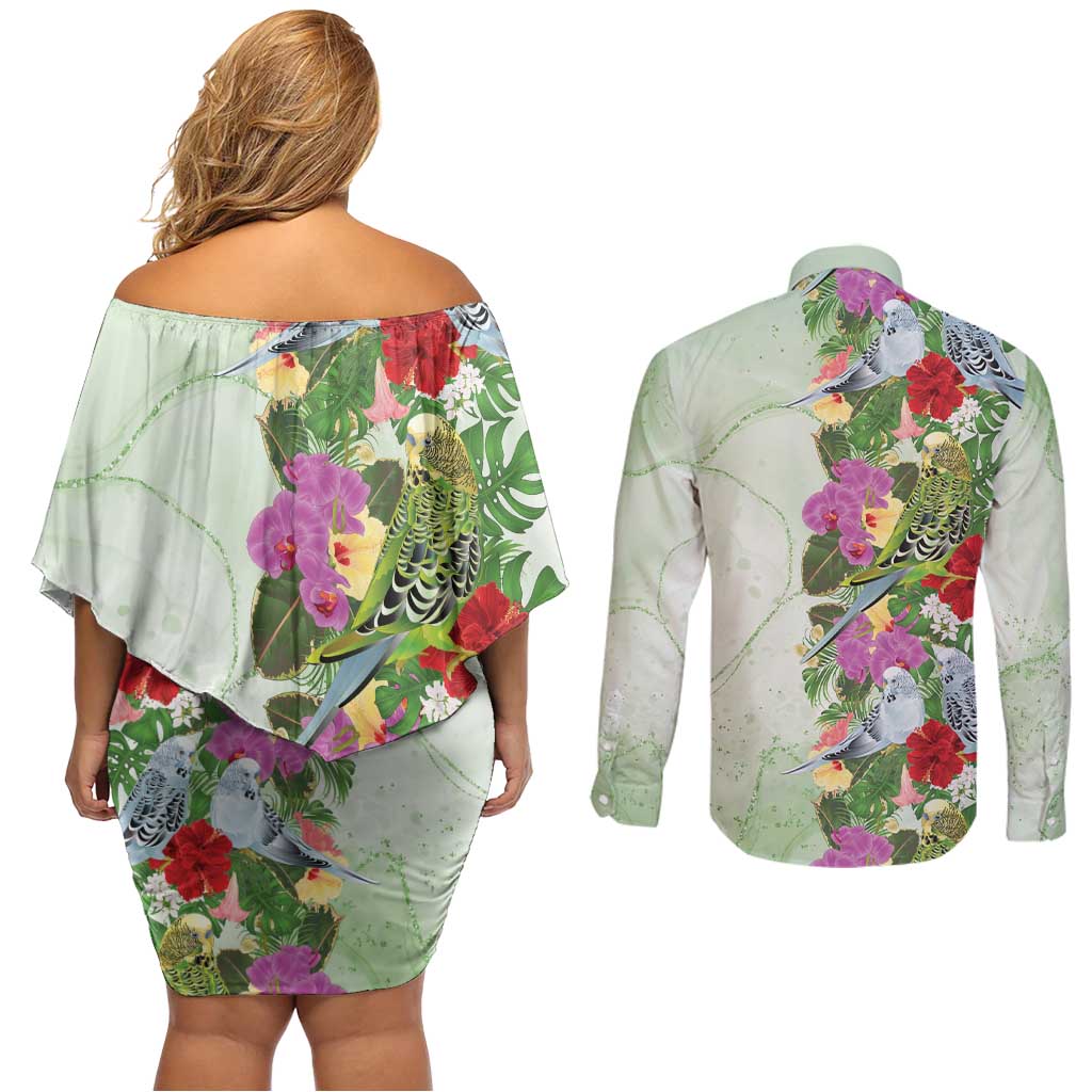Aussie Budgies Blue And Green Tropical Birds Couples Matching Off Shoulder Short Dress and Long Sleeve Button Shirt - Aussie Hoodie