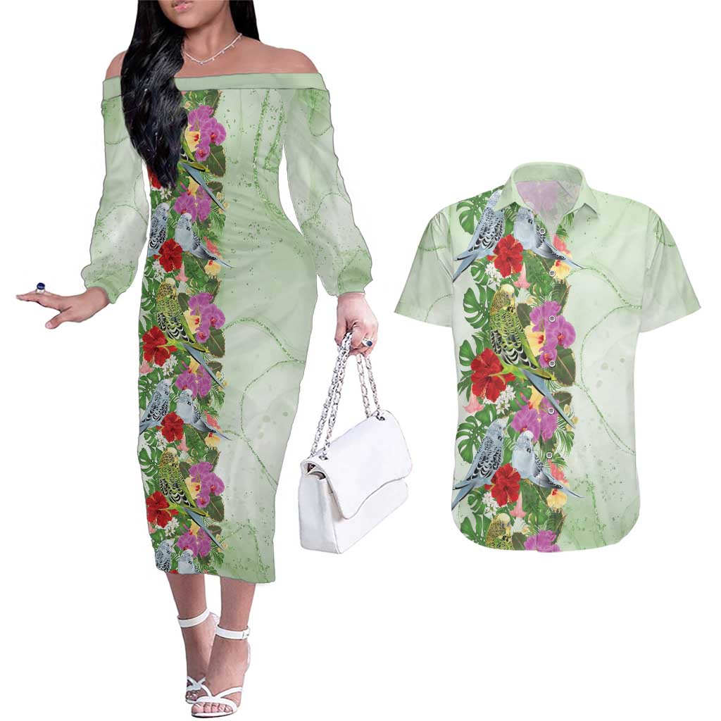 Aussie Budgies Blue And Green Tropical Birds Couples Matching Off The Shoulder Long Sleeve Dress and Hawaiian Shirt - Aussie Hoodie