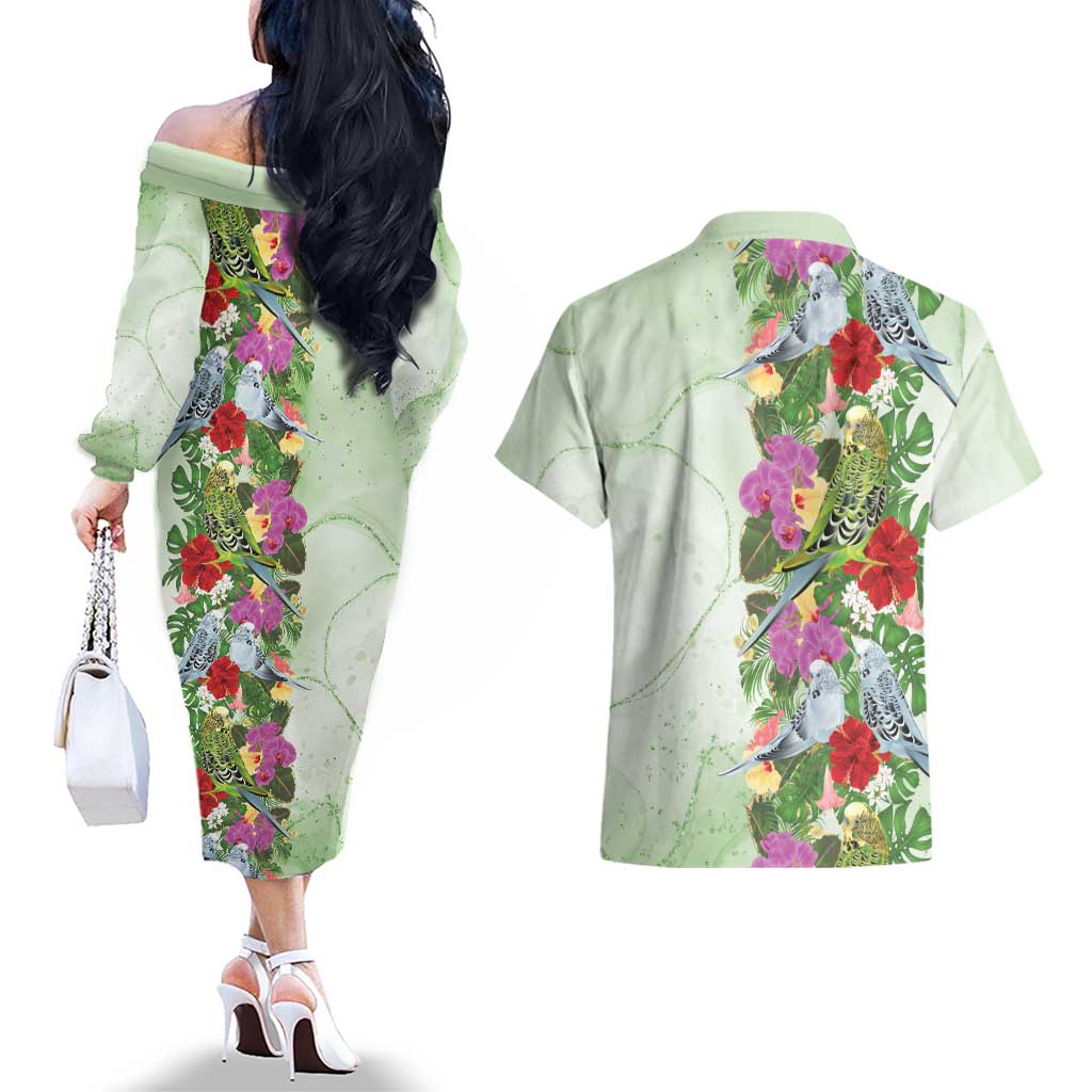 Aussie Budgies Blue And Green Tropical Birds Couples Matching Off The Shoulder Long Sleeve Dress and Hawaiian Shirt - Aussie Hoodie