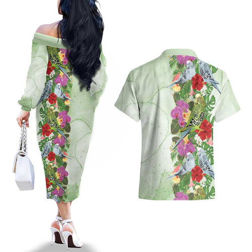 Aussie Budgies Blue And Green Tropical Birds Couples Matching Off The Shoulder Long Sleeve Dress and Hawaiian Shirt - Aussie Hoodie