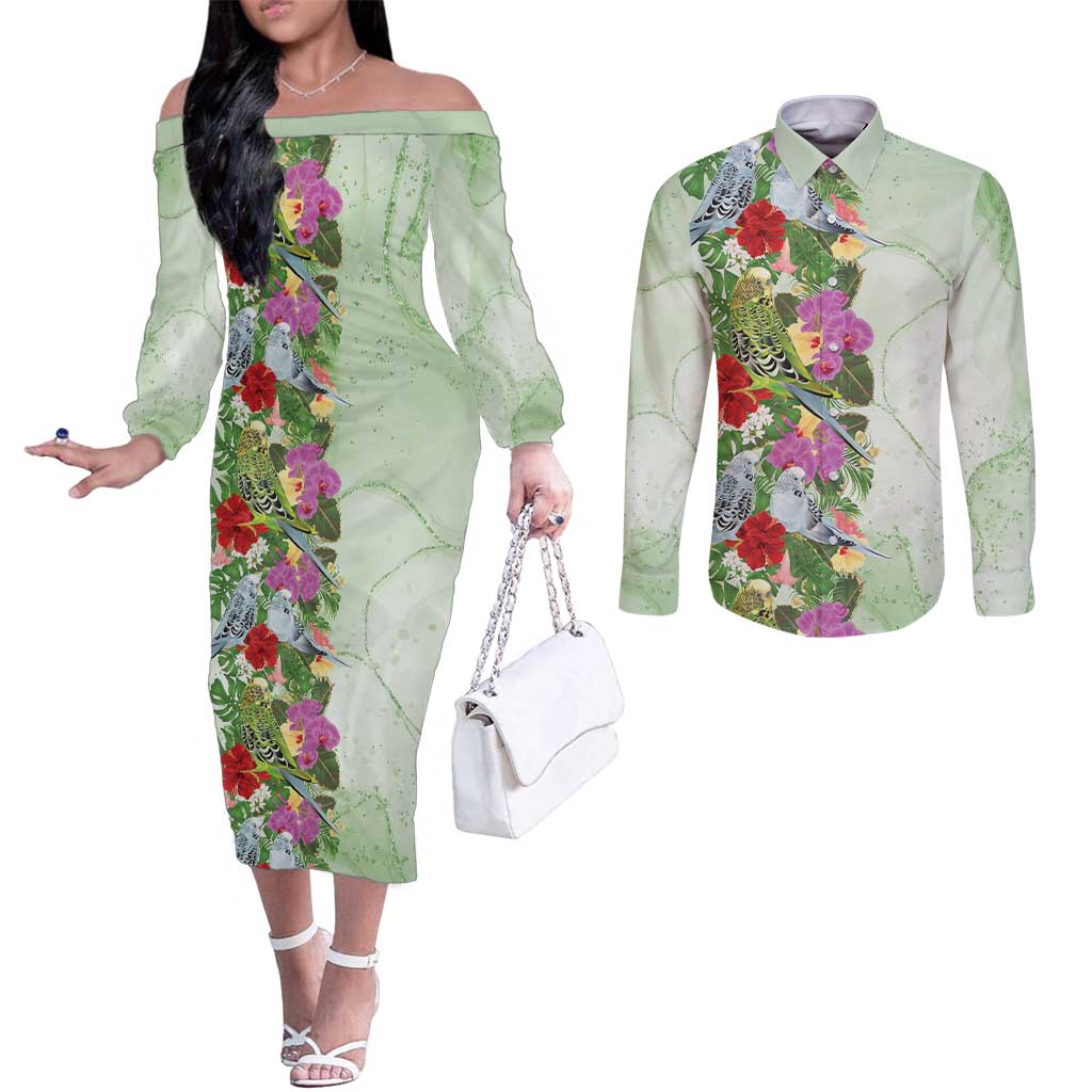 Aussie Budgies Blue And Green Tropical Birds Couples Matching Off The Shoulder Long Sleeve Dress and Long Sleeve Button Shirt - Aussie Hoodie