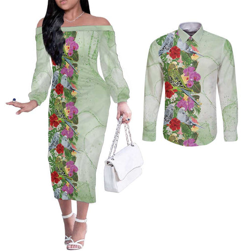 Aussie Budgies Blue And Green Tropical Birds Couples Matching Off The Shoulder Long Sleeve Dress and Long Sleeve Button Shirt - Aussie Hoodie