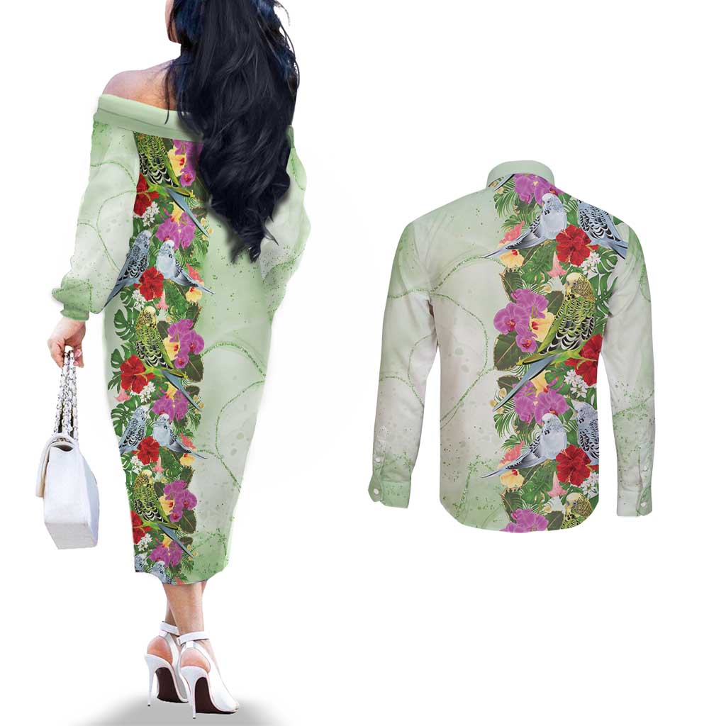 Aussie Budgies Blue And Green Tropical Birds Couples Matching Off The Shoulder Long Sleeve Dress and Long Sleeve Button Shirt - Aussie Hoodie