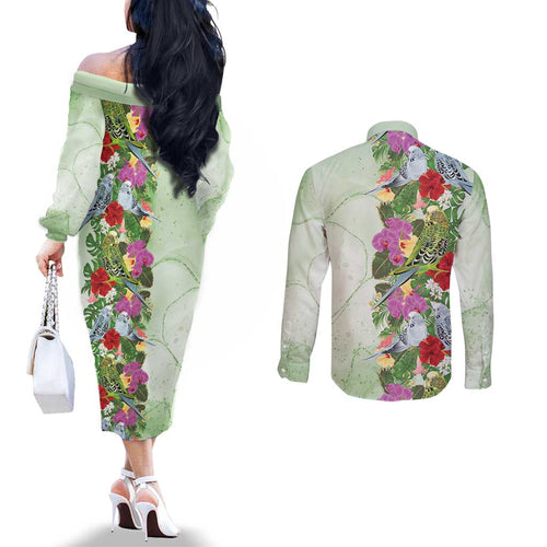 Aussie Budgies Blue And Green Tropical Birds Couples Matching Off The Shoulder Long Sleeve Dress and Long Sleeve Button Shirt - Aussie Hoodie