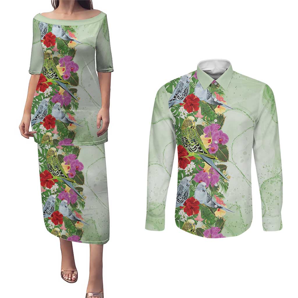 Aussie Budgies Blue And Green Tropical Birds Couples Matching Puletasi and Long Sleeve Button Shirt - Aussie Hoodie