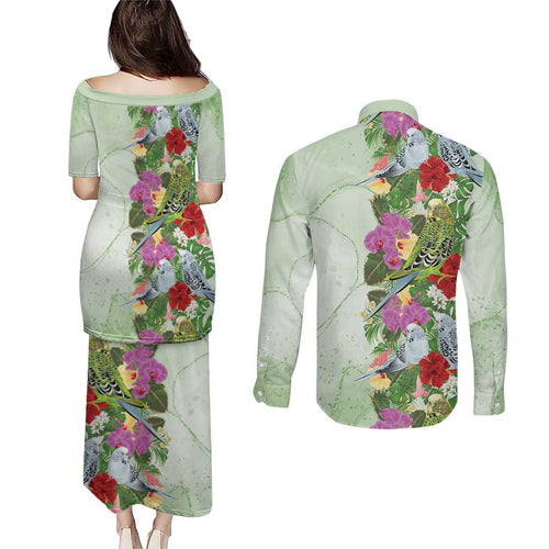 Aussie Budgies Blue And Green Tropical Birds Couples Matching Puletasi and Long Sleeve Button Shirt - Aussie Hoodie