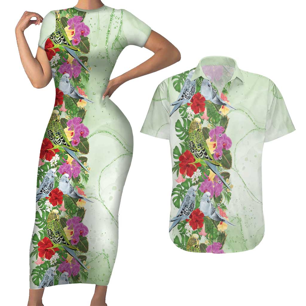Aussie Budgies Blue And Green Tropical Birds Couples Matching Short Sleeve Bodycon Dress and Hawaiian Shirt - Aussie Hoodie