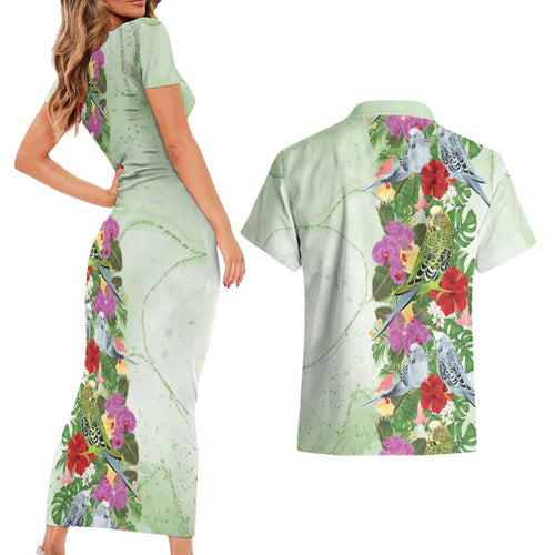 Aussie Budgies Blue And Green Tropical Birds Couples Matching Short Sleeve Bodycon Dress and Hawaiian Shirt - Aussie Hoodie