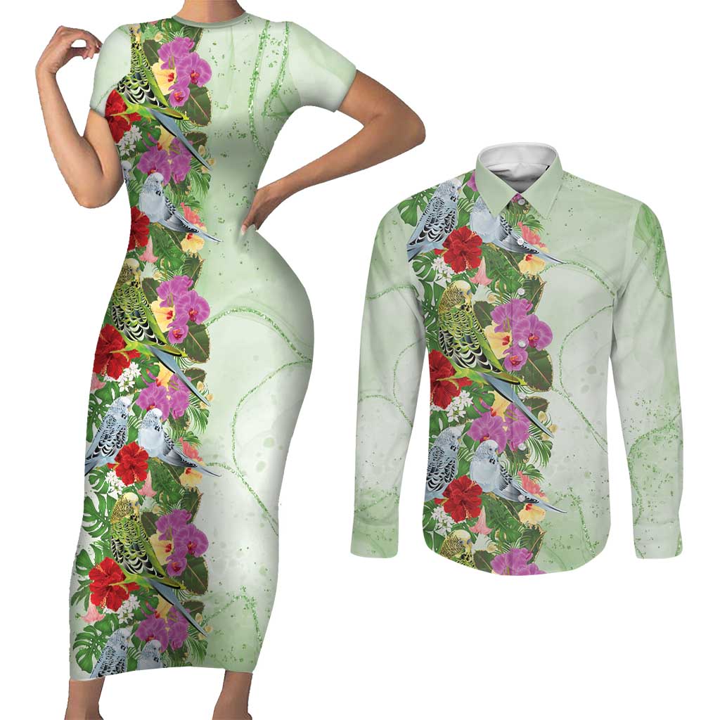 Aussie Budgies Blue And Green Tropical Birds Couples Matching Short Sleeve Bodycon Dress and Long Sleeve Button Shirt - Aussie Hoodie