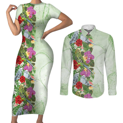 Aussie Budgies Blue And Green Tropical Birds Couples Matching Short Sleeve Bodycon Dress and Long Sleeve Button Shirt - Aussie Hoodie