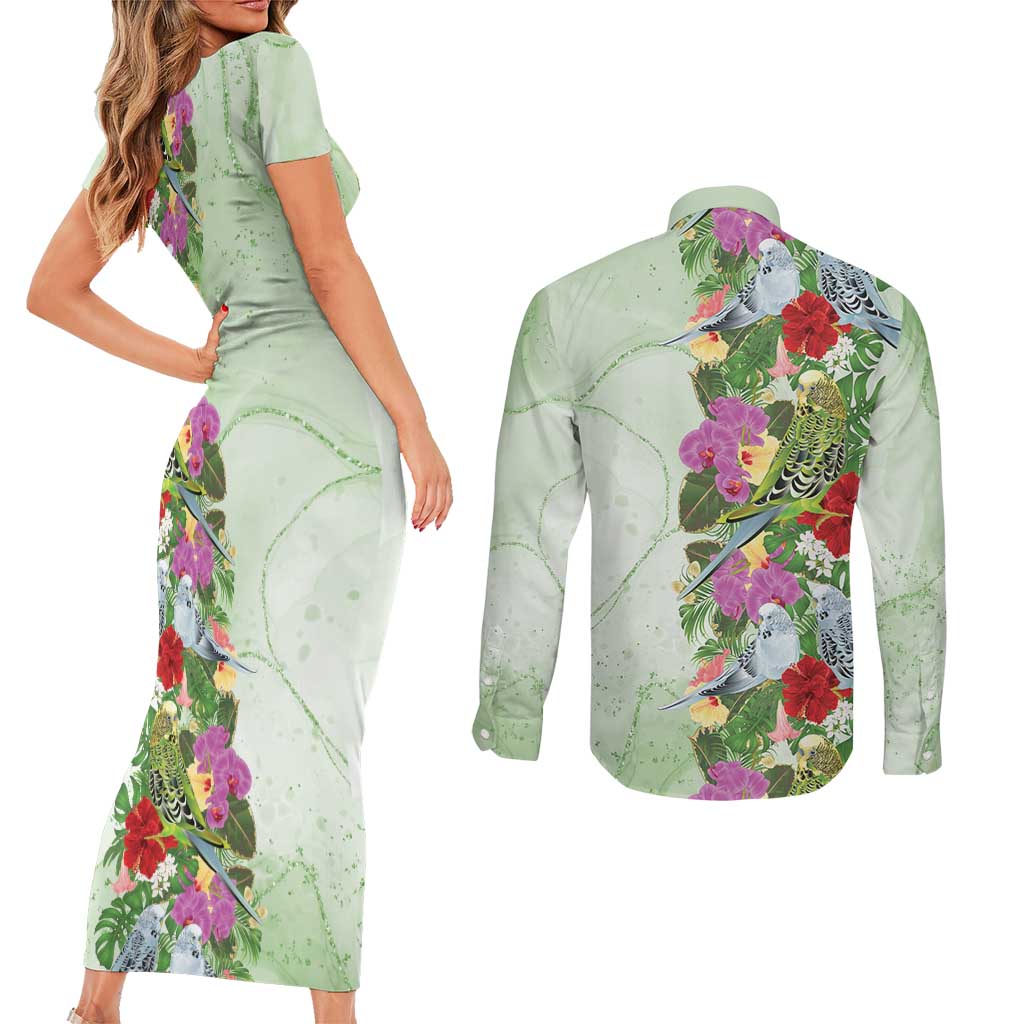 Aussie Budgies Blue And Green Tropical Birds Couples Matching Short Sleeve Bodycon Dress and Long Sleeve Button Shirt - Aussie Hoodie
