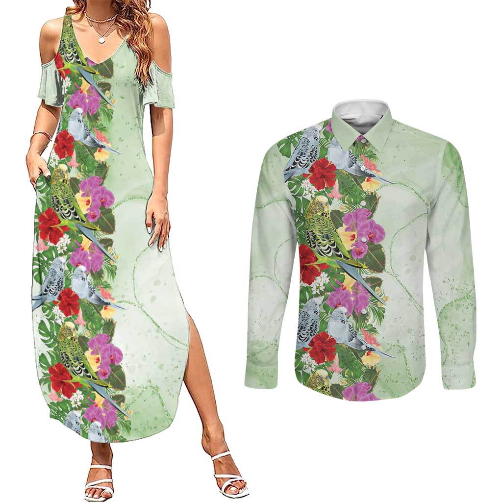 Aussie Budgies Blue And Green Tropical Birds Couples Matching Summer Maxi Dress and Long Sleeve Button Shirt - Aussie Hoodie