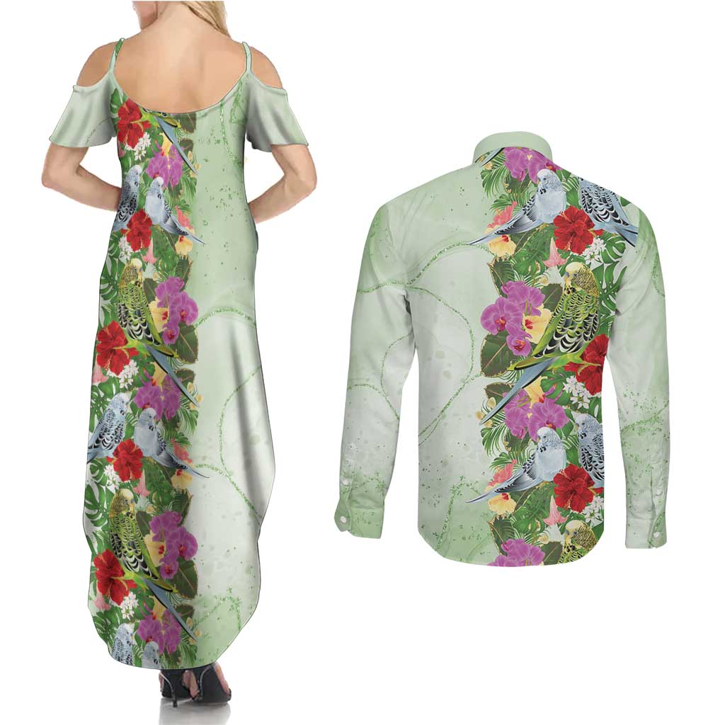 Aussie Budgies Blue And Green Tropical Birds Couples Matching Summer Maxi Dress and Long Sleeve Button Shirt - Aussie Hoodie