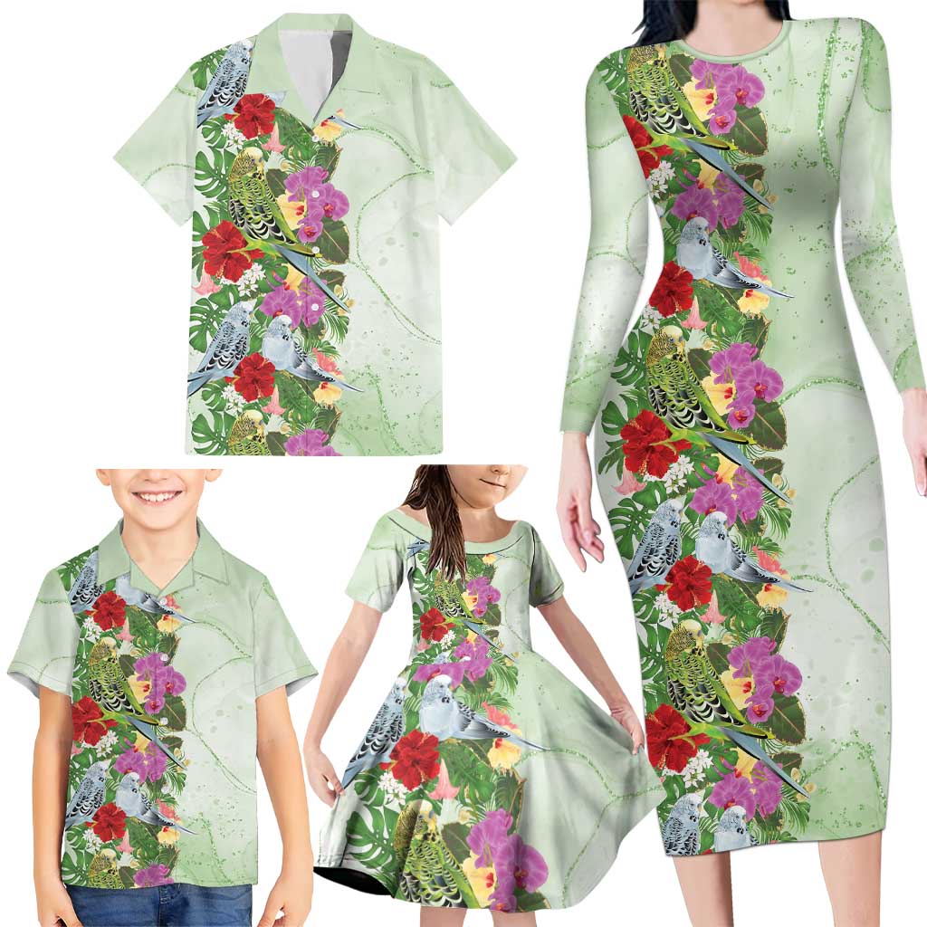 Aussie Budgies Blue And Green Tropical Birds Family Matching Long Sleeve Bodycon Dress and Hawaiian Shirt - Aussie Hoodie