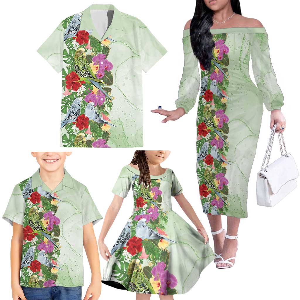 Aussie Budgies Blue And Green Tropical Birds Family Matching Off The Shoulder Long Sleeve Dress and Hawaiian Shirt - Aussie Hoodie