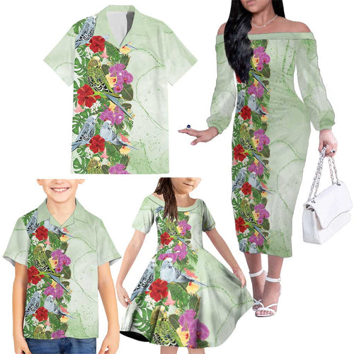 Aussie Budgies Blue And Green Tropical Birds Family Matching Off The Shoulder Long Sleeve Dress and Hawaiian Shirt - Aussie Hoodie