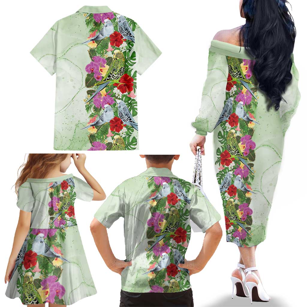 Aussie Budgies Blue And Green Tropical Birds Family Matching Off The Shoulder Long Sleeve Dress and Hawaiian Shirt - Aussie Hoodie
