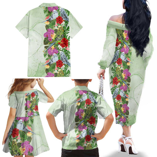 Aussie Budgies Blue And Green Tropical Birds Family Matching Off The Shoulder Long Sleeve Dress and Hawaiian Shirt - Aussie Hoodie