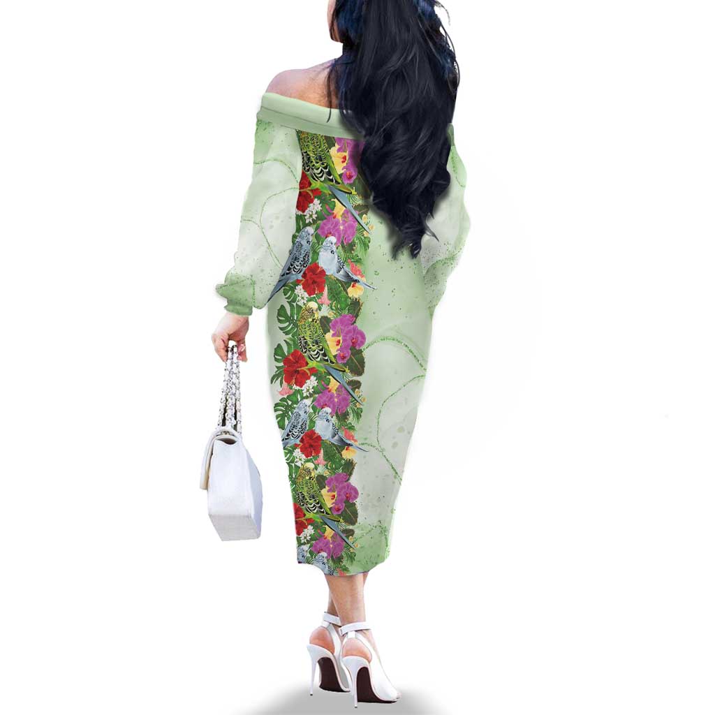 Aussie Budgies Blue And Green Tropical Birds Family Matching Off The Shoulder Long Sleeve Dress and Hawaiian Shirt - Aussie Hoodie