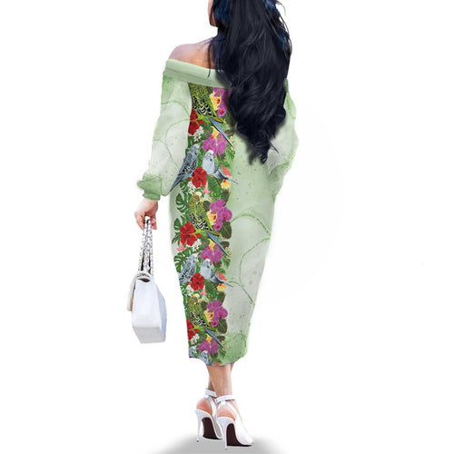 Aussie Budgies Blue And Green Tropical Birds Family Matching Off The Shoulder Long Sleeve Dress and Hawaiian Shirt - Aussie Hoodie