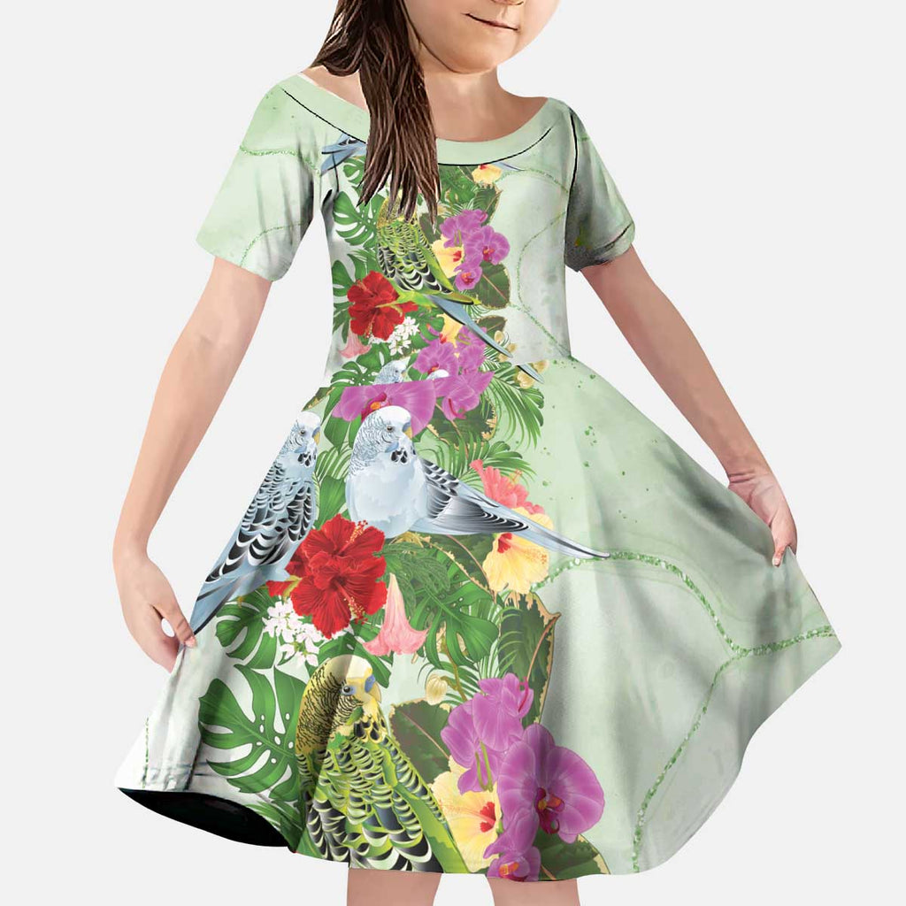 Aussie Budgies Blue And Green Tropical Birds Kid Short Sleeve Dress - Aussie Hoodie