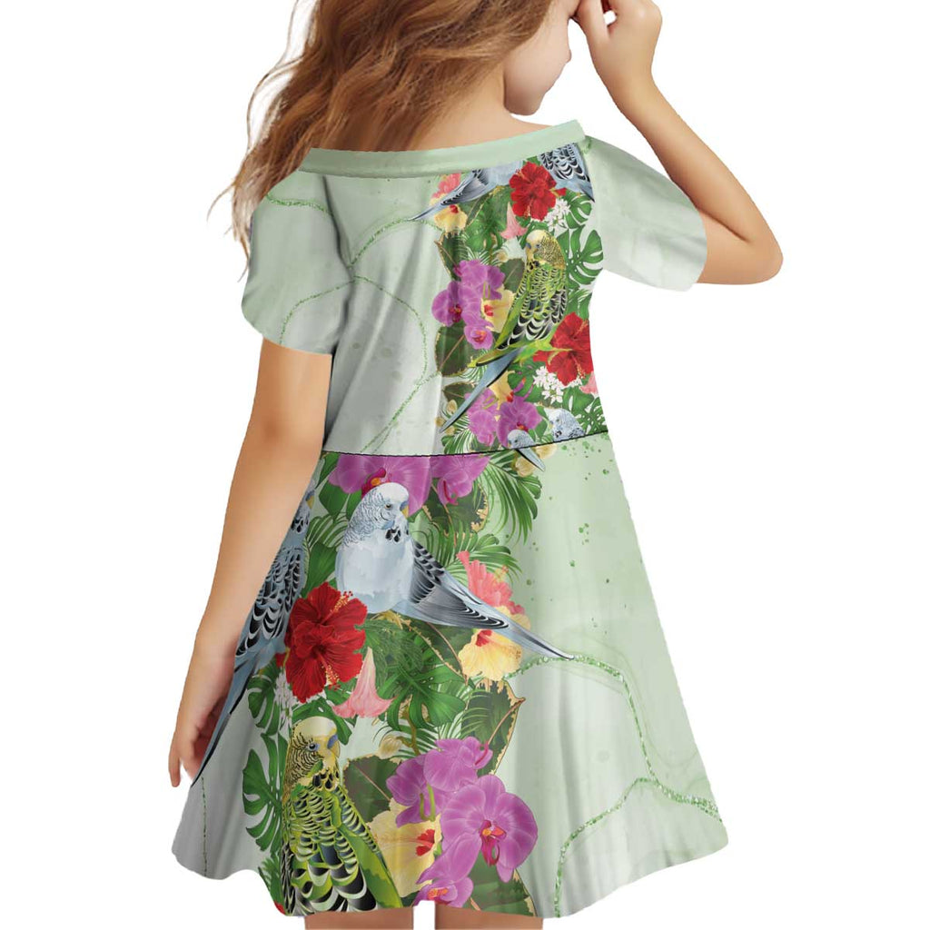 Aussie Budgies Blue And Green Tropical Birds Kid Short Sleeve Dress - Aussie Hoodie