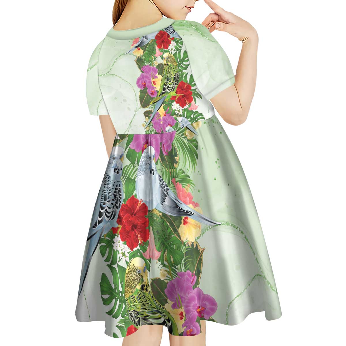 Aussie Budgies Blue And Green Tropical Birds Kid Short Sleeve Dress - Aussie Hoodie