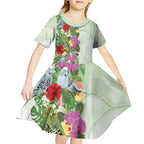 Aussie Budgies Blue And Green Tropical Birds Kid Short Sleeve Dress - Aussie Hoodie
