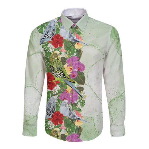 Aussie Budgies Blue And Green Tropical Birds Long Sleeve Button Shirt - Aussie Hoodie