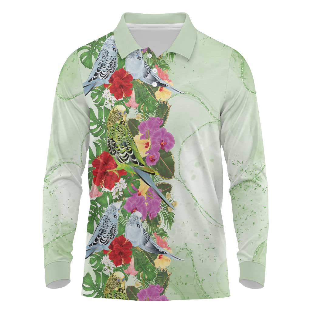 Aussie Budgies Blue And Green Tropical Birds Long Sleeve Polo Shirt - Aussie Hoodie