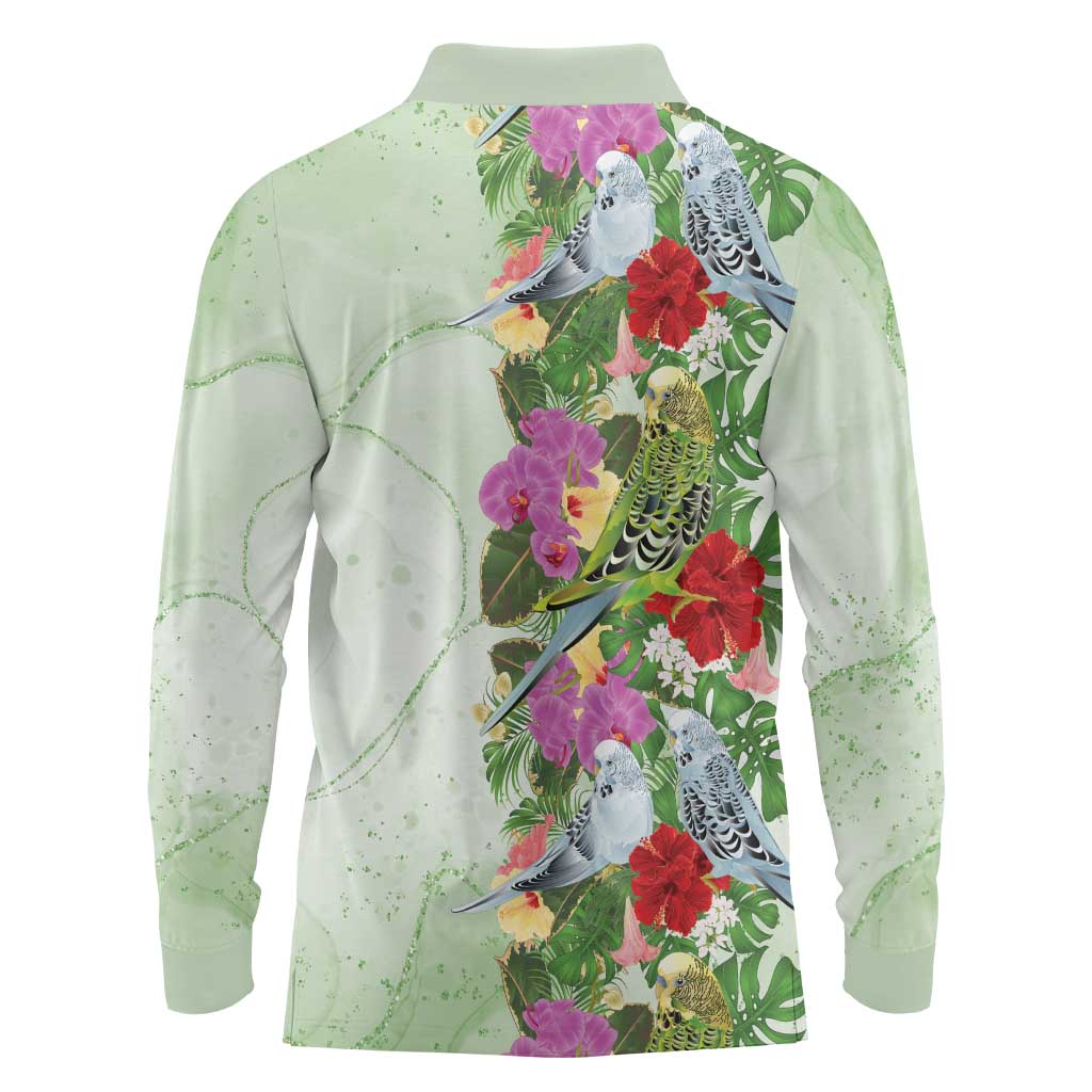 Aussie Budgies Blue And Green Tropical Birds Long Sleeve Polo Shirt - Aussie Hoodie