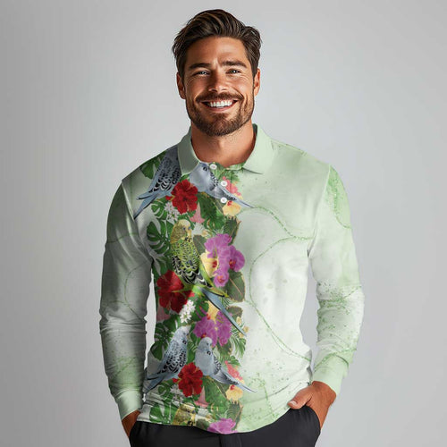Aussie Budgies Blue And Green Tropical Birds Long Sleeve Polo Shirt - Aussie Hoodie