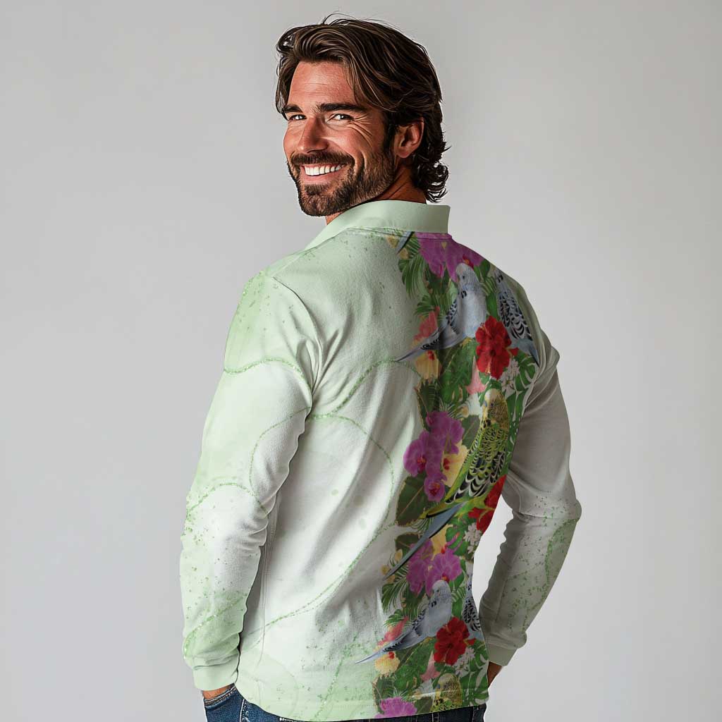 Aussie Budgies Blue And Green Tropical Birds Long Sleeve Polo Shirt - Aussie Hoodie