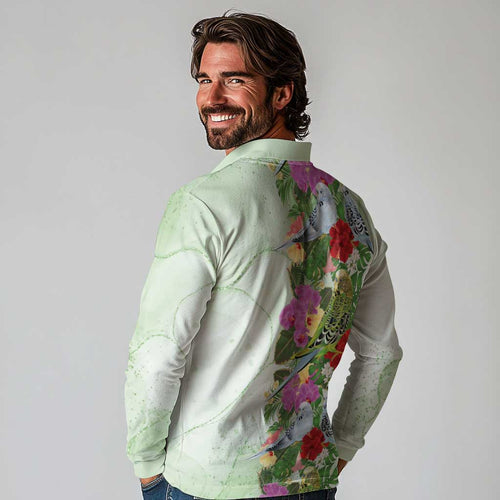 Aussie Budgies Blue And Green Tropical Birds Long Sleeve Polo Shirt - Aussie Hoodie